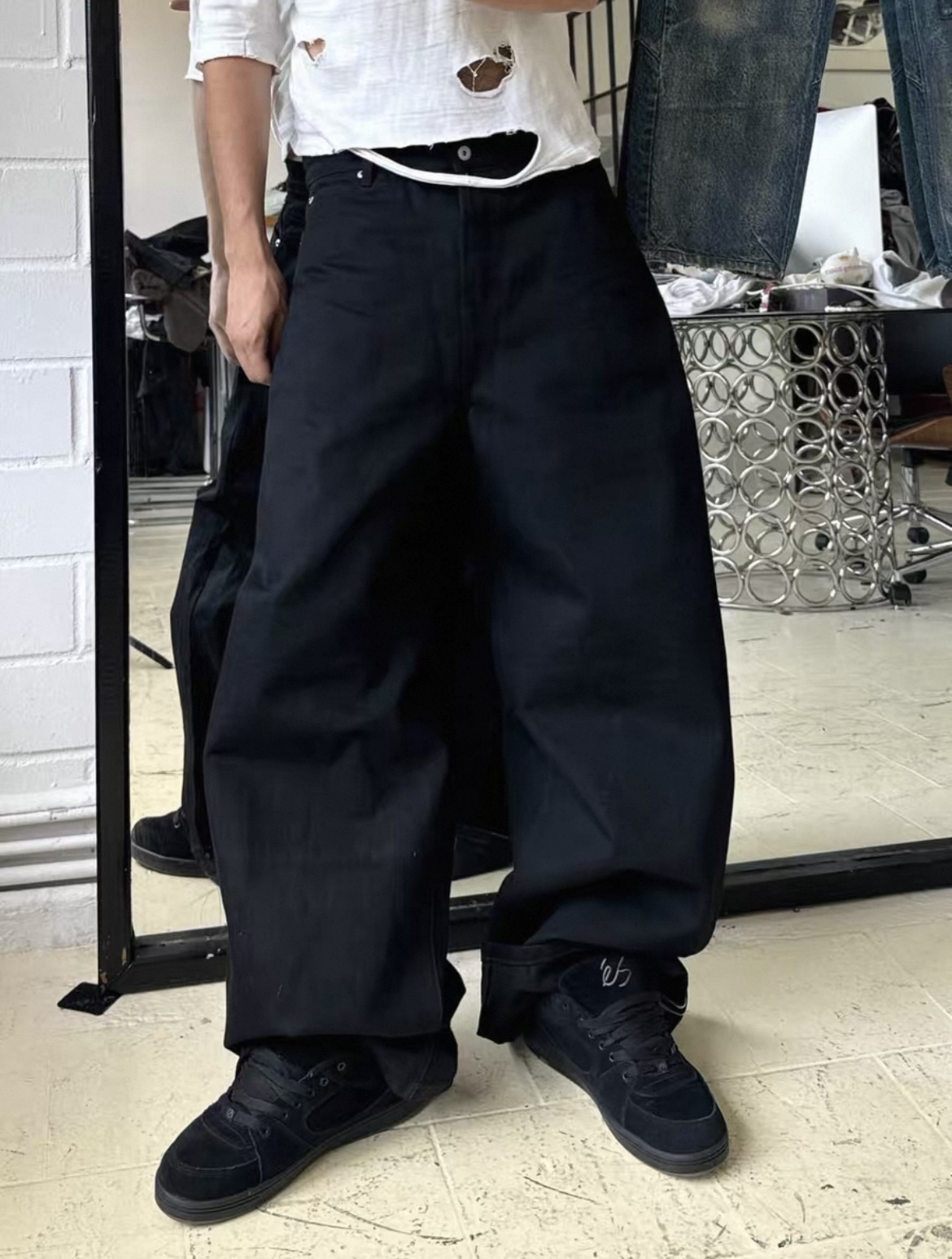 Calças Jeans Pretas de Denim Cru, Estilo Baggy, Tecido Selvedge Japonês com Borda Vermelha, Calças Casuais Masculinas de Perna Reta