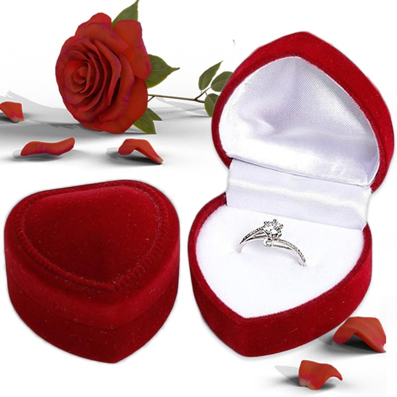 Caixa de anéis de casamento romântico veludo vermelho forma de coração caixas de jóias caso de anel de noivado dia dos namorados jóias anéis caixa de presente