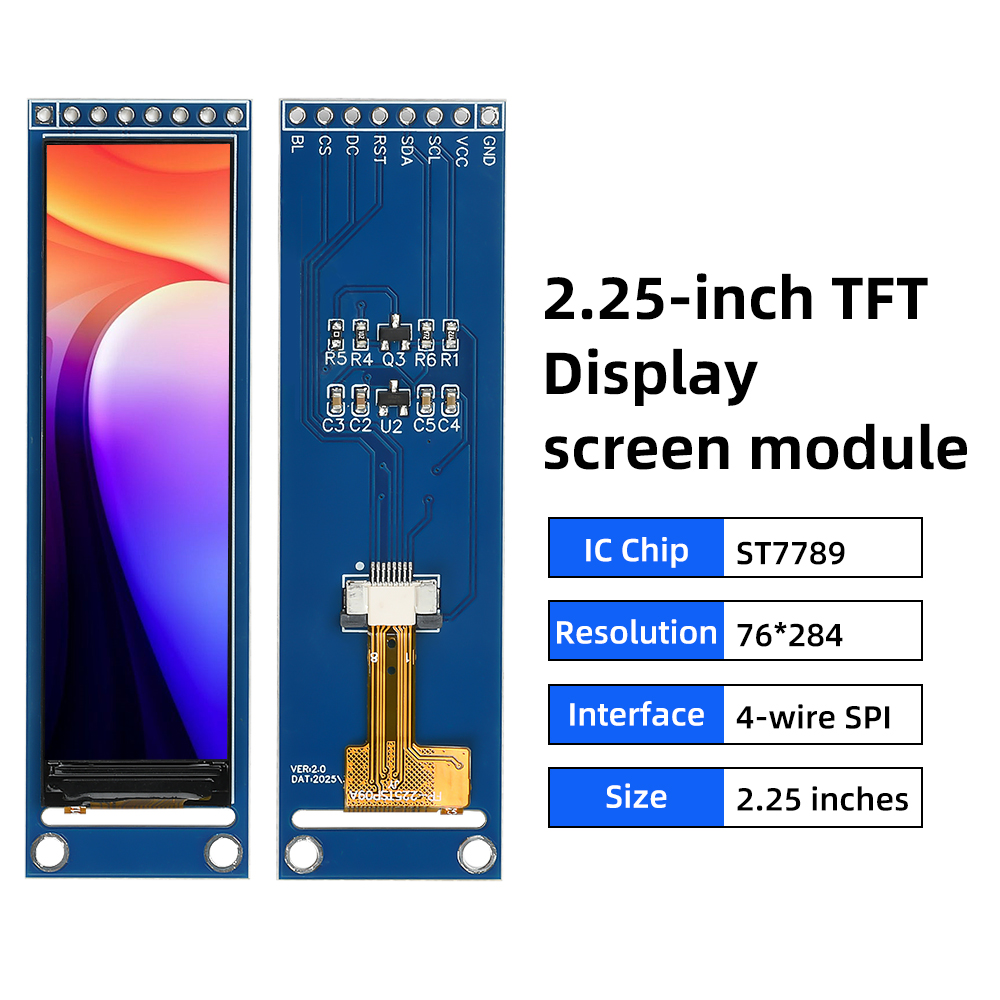 2.25-inch TFT LCD display module, wide-viewing-angle SPI colour LCD display module, 8-pin, ST7789 driver IC, 76ร284 resolution