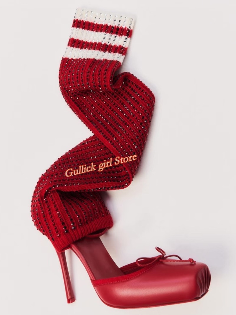 Bottes rouges en tricot à bout carré, découpées, à talon aiguille fin, en tissu élastique, collection défilé été 2026, faites à la main, chaussures pour femme, vente chaude