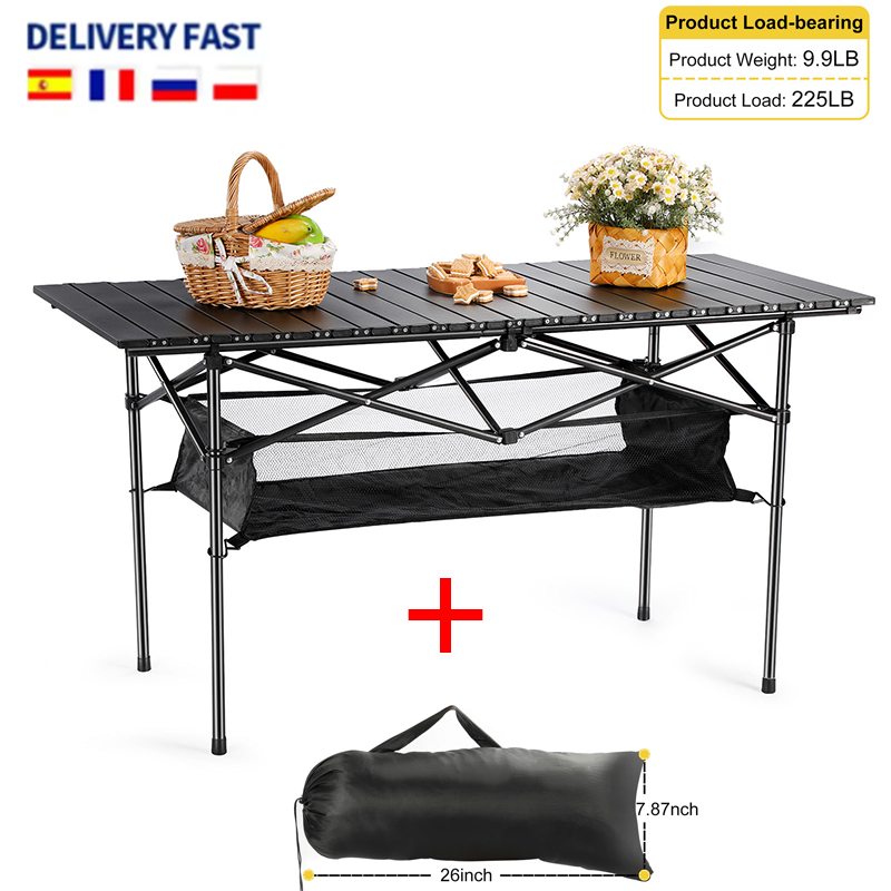 Klappbarer langer Tisch für den Außenbereich, tragbare Aufbewahrung, schwarz, Camping-Schreibtisch, Grilltisch, Picknick-Angeltisch, einfach zu installieren, mit Netztasche