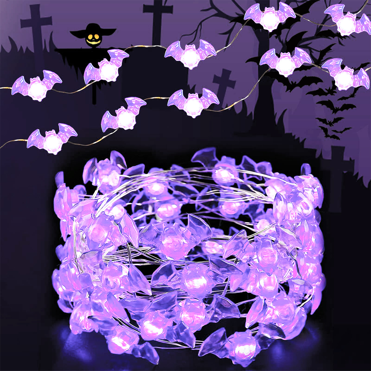 1pc 20/30 LED Halloween chauve-souris fil de cuivre chaîne lumière alimenté par batterie violet chauve-souris fée lampe pour la maison chambre Festival fête décor