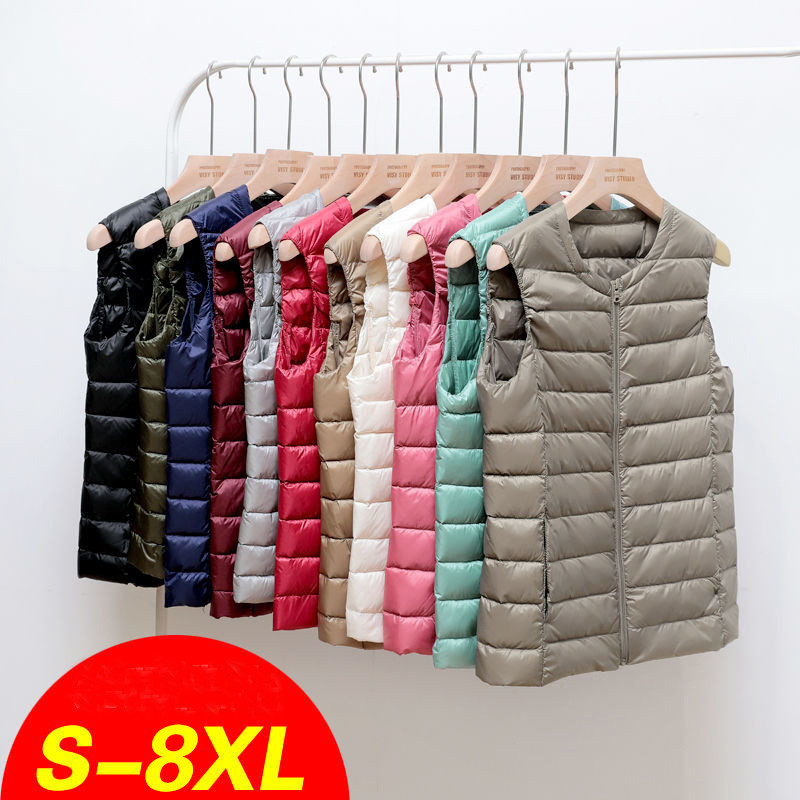 8XL 秋冬女性ノースリーブチョッキ暖かいフグジャケット超軽量ホワイトダックダウンベスト女性ショートオーバーサイズ生き抜く