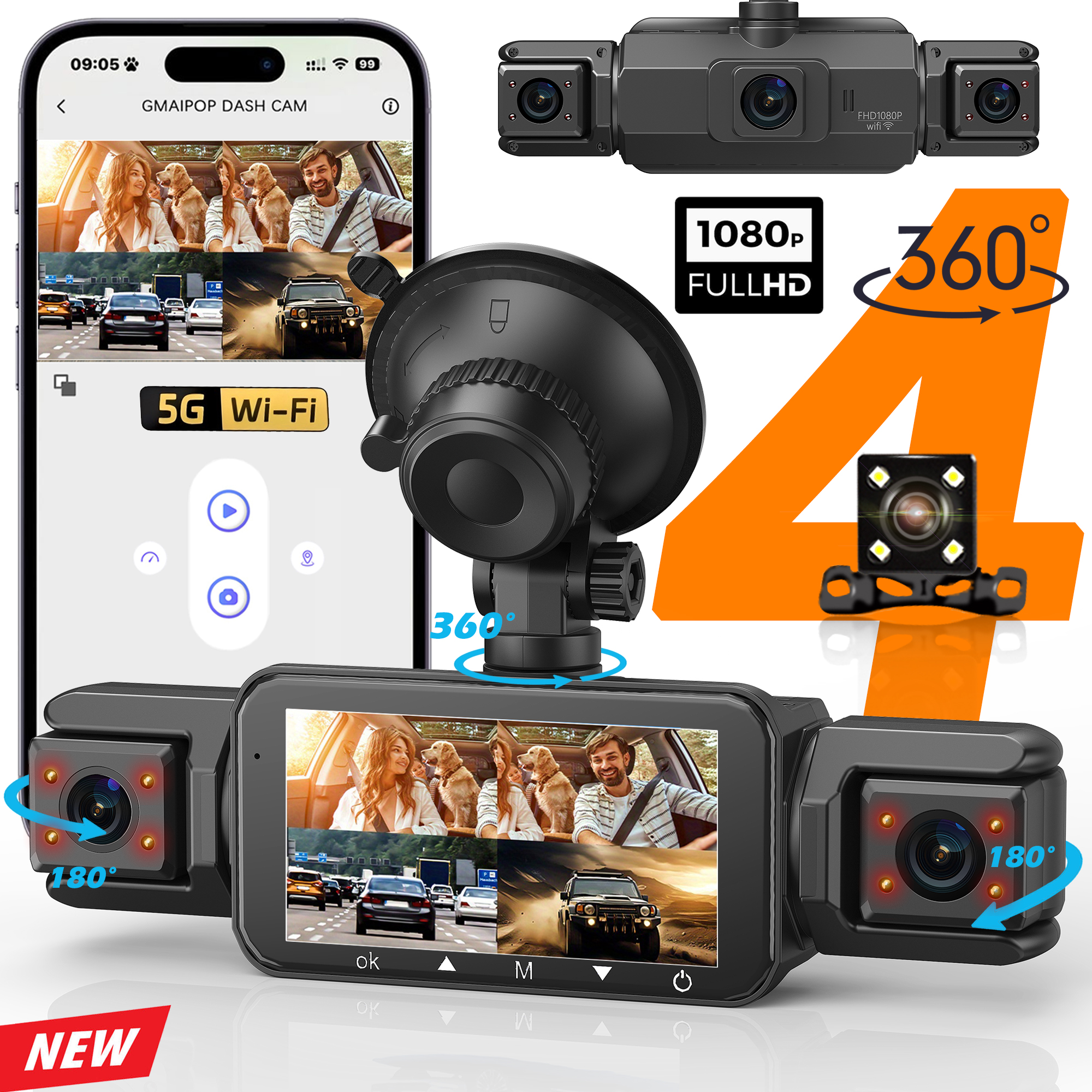 Dashcam für Autos, 4-Kanal-Blackbox, WiFi-Fahrkamera, FHD 1080P, Nachtsicht, Loop-Aufnahme, Hinzufügen von Hardwire-Kit, Autozubehör
