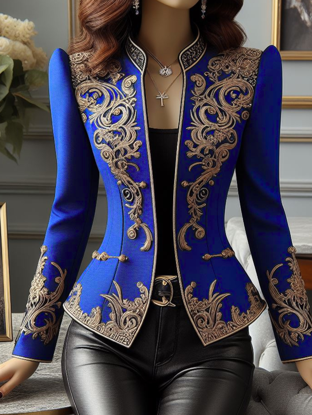 2024 elegante Chic Jacke Frauen Vintage Floral Stehkragen Schlanke Taille Design Asymmetrische Lose Lange Ärmel Tops Blazer Mäntel