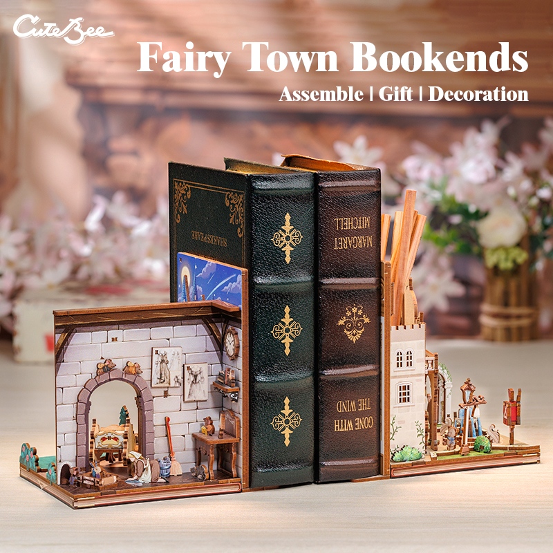 CUTEBEE 3D Bookends DIY Dollhouse Wooden Bookshelf Insert Book Nook Decoration 3D Puzzle Toy for Gifts Fairy Town