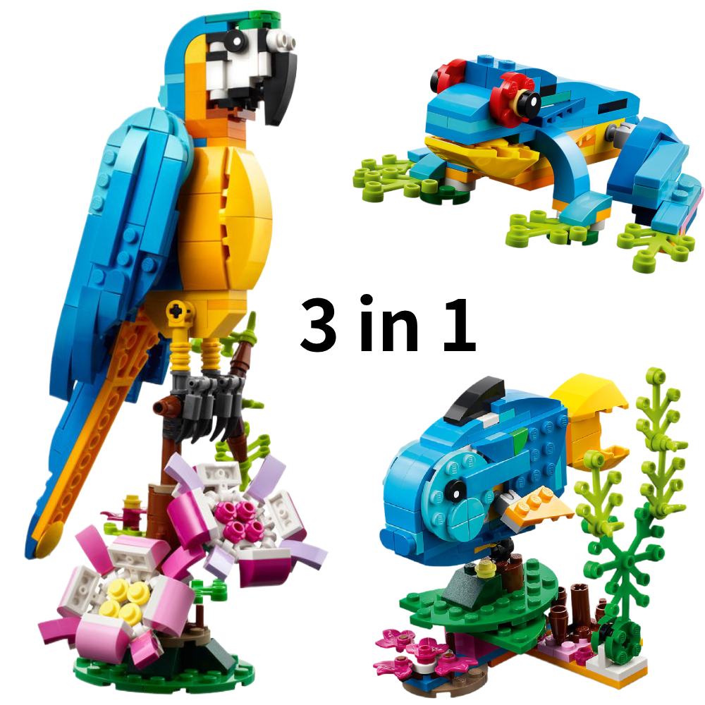 Juego de juguetes de construcción de loros 3 en 1, se transforma a 3 figuras de animales diferentes: de loro colorido, para nadar peces, a una rana linda