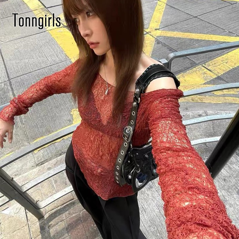Tonngirls-camisetas de encaje Sexy para mujer, Tops Vintage irregulares transparentes de manga larga, ropa de calle Fairycore Splits Y2k, camisetas 2000s