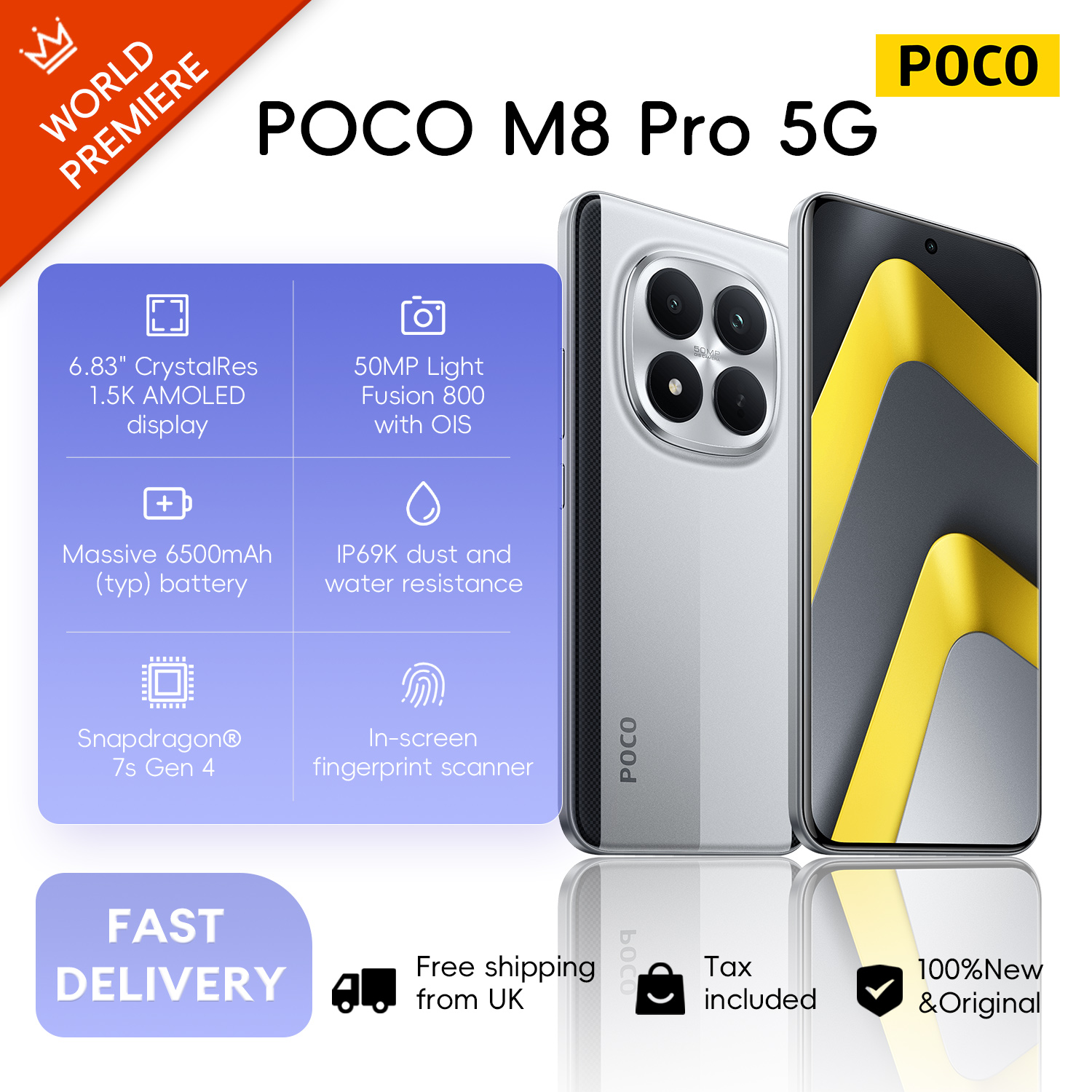 POCO M8 Pro 5G, 8+256GB Global Version, 6.83" CrystalRes 1.5K 120Hz AMOLED Display Snapdragon® 7s Gen 4 50MP Camera 6500mAh 100W