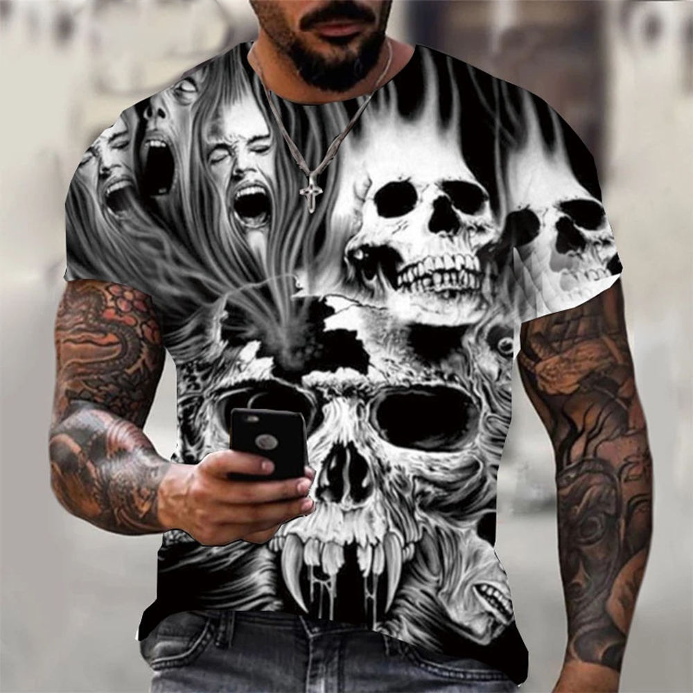 Herren Sommer 3D-gedruckter Totenkopf personalisiertes cooles Druckmuster Punkrock Retro Herren trendiges cooles Kurzarm-T-Shirt