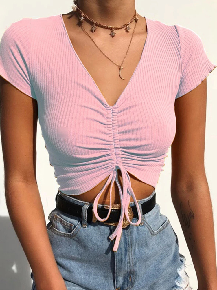 Tank Top Crop leher V seksi wanita, tali pengikat depan Camis warna permen Streetwear Slim Fit atasan Crop bergaris 2024