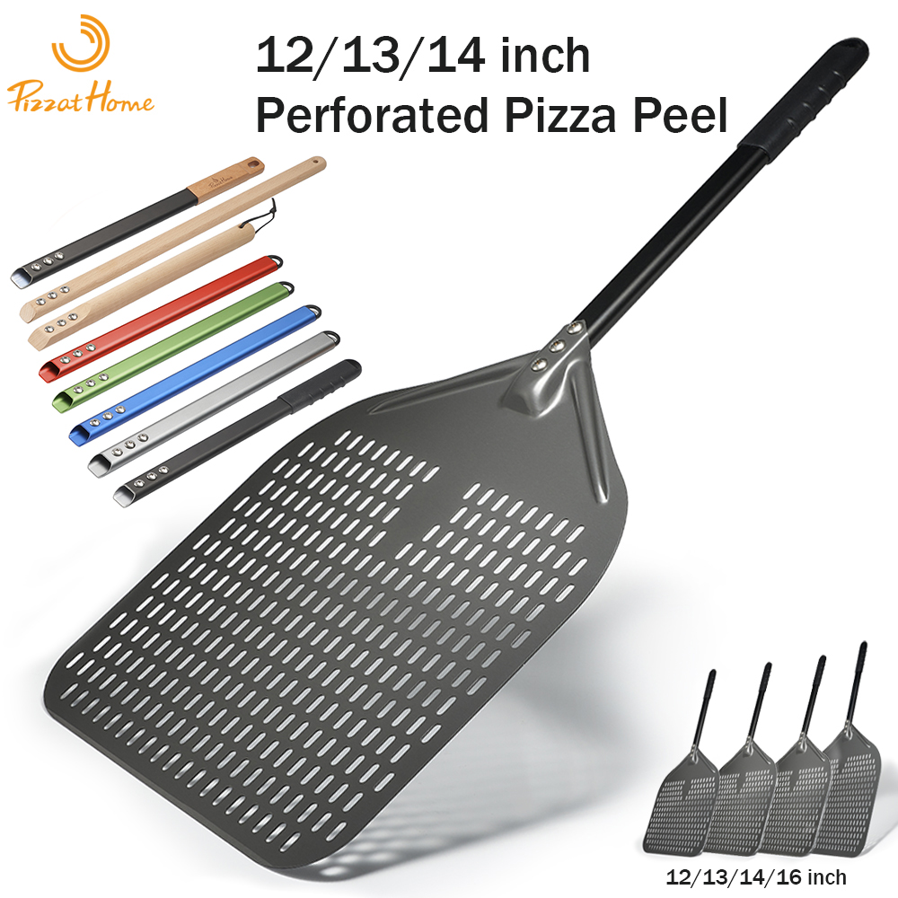 PizzAtHome 14/13/12 นิ้ว Perforated Pizza Peel รูปสี่เหลี่ยมผืนผ้าพิซซ่าพลั่วอลูมิเนียมเคลือบพิซซ่า Peel Paddle สั้นพิซซ่าเครื่องมือ