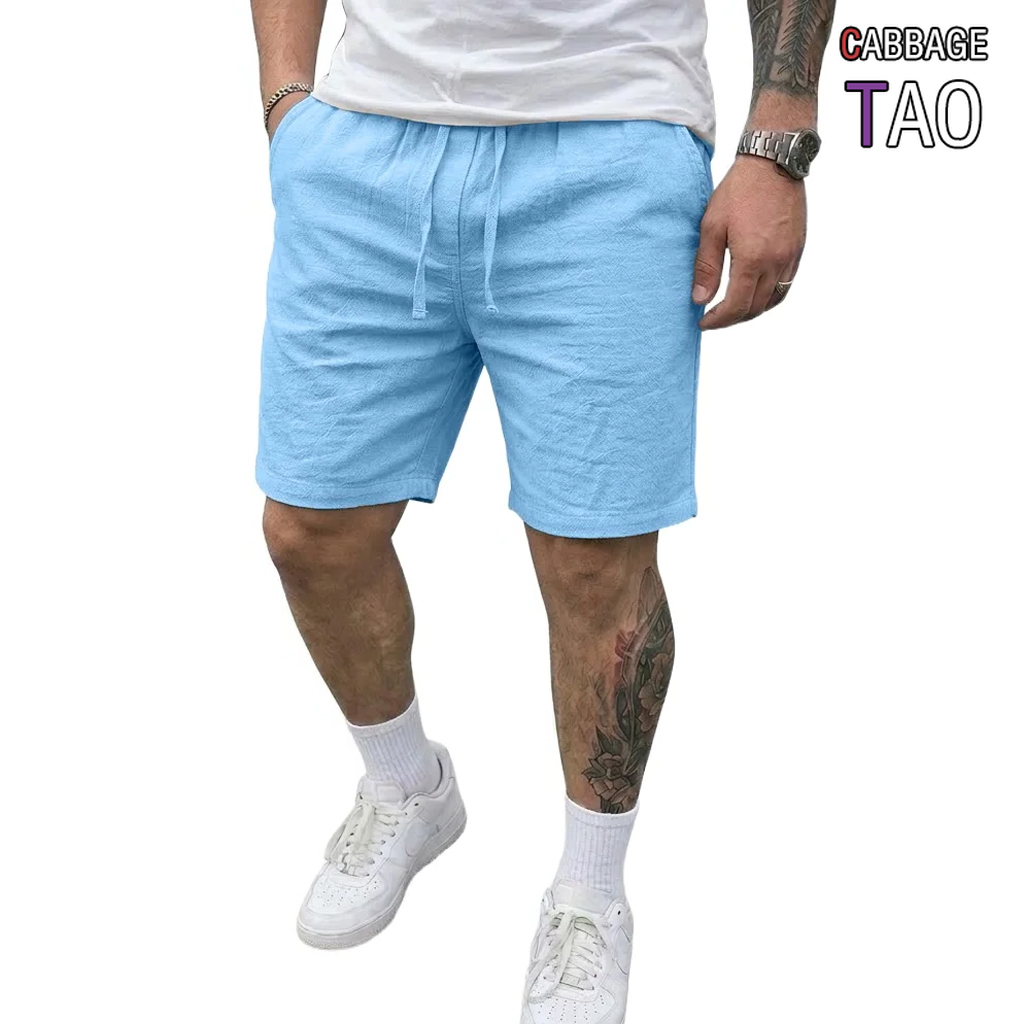 Herren Sommer Leinen-Shorts mit Elastischem Kordelzug-Hüftband im Hawaiianischen Stil, Weite Shorts, Leichte Freizeithose für Strand und Outdoor