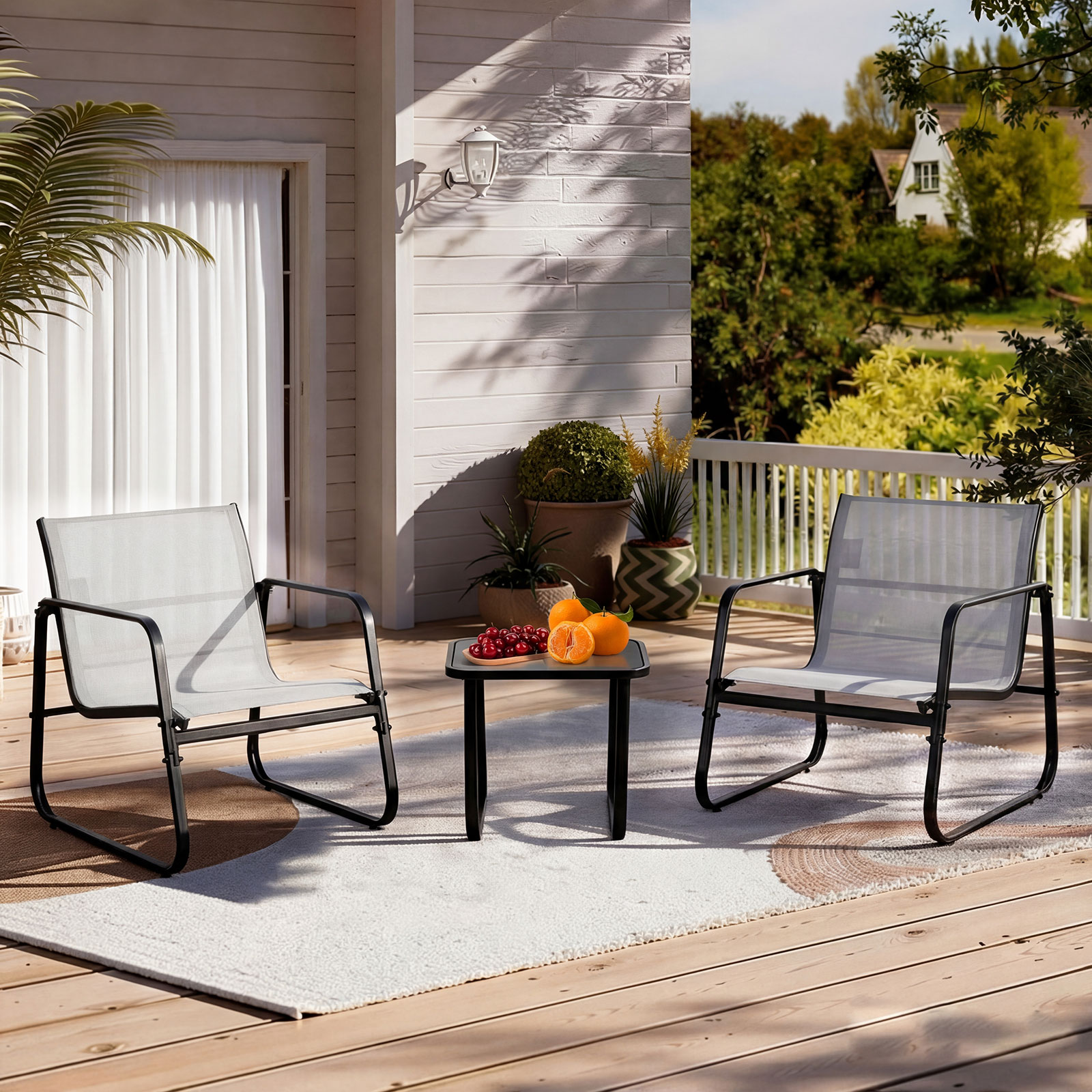 JHK Tuinmeubelen 3-delige set met tafel, buitenmeubilair met metalen frame, lendensteun, mesh rugleuning, sectionele balkonsets voor de tuin