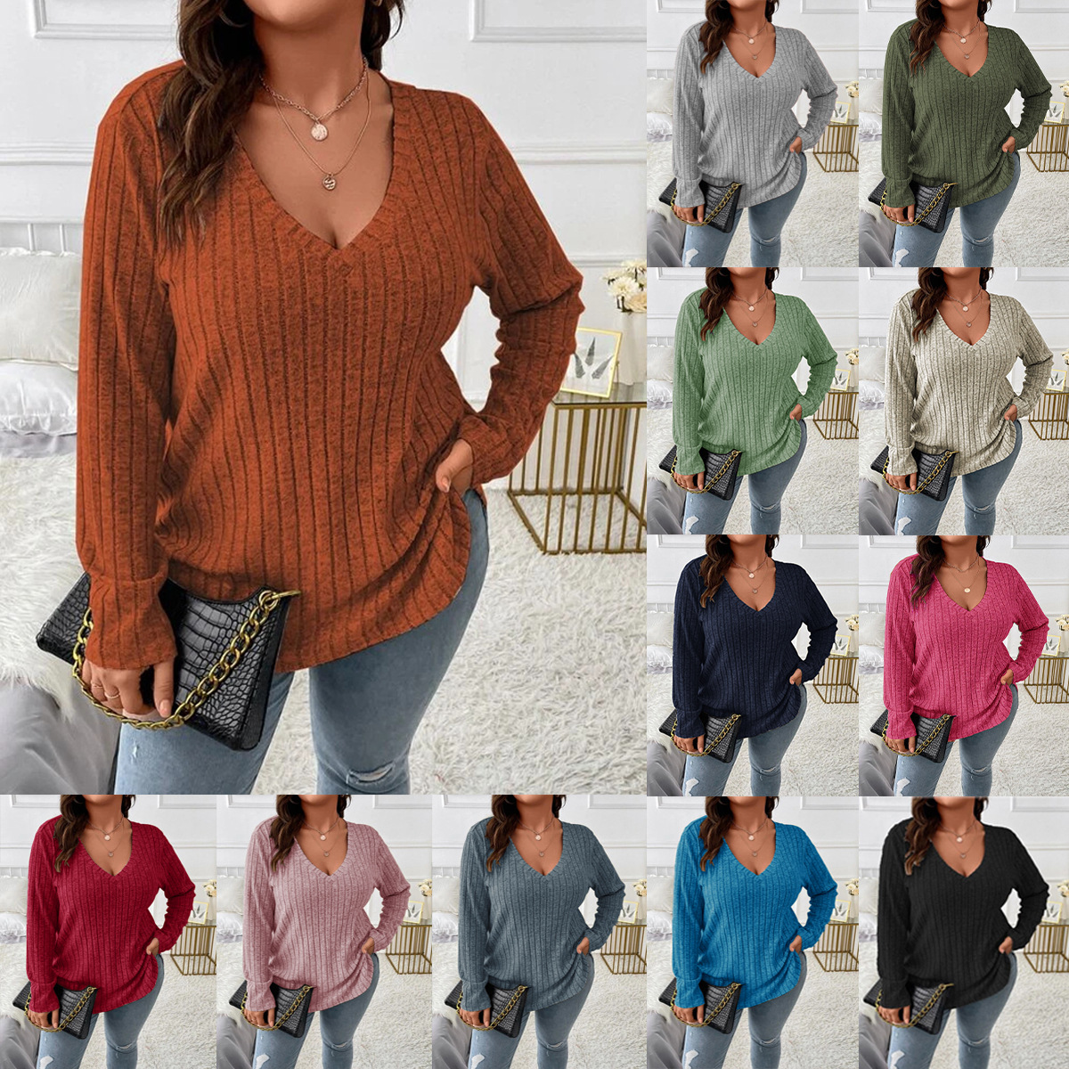Ropa de talla grande para mujer, camiseta de manga larga, Tops informales de punto a rayas con cuello de pico a la moda, camisetas holgadas sólidas de primavera para mujer 5XL