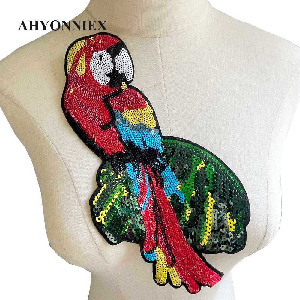 Red Green Large Sequins Parrot Patch Sequined Bird Sticker Clothing Accessories Sew on Patches for Fashion Pants
