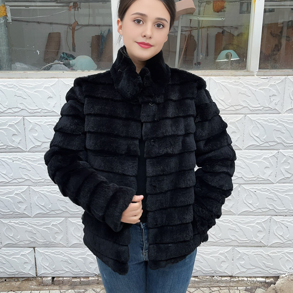 Abrigo de piel auténtica de conejo Rani Rex elegante, chaqueta de invierno para mujer, ropa de piel auténtica y piel, prendas de vestir exteriores para mujer con 2024 negro frío