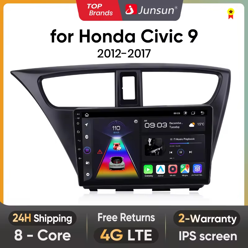 Junsun-Radio con GPS para coche, reproductor Multimedia con Android, CarPlay, inalámbrico, 4G, WIFI, Sistema Inteligente, para Honda Civic 9 FK FB 2012-2017