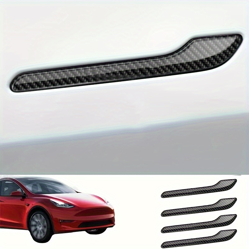 4 Buah Set Penutup Pegangan Pintu Serat Karbon Hitam untuk Tesla Model 3 & Y - Pita Tahan Gores Amagi Selesai Dipoles