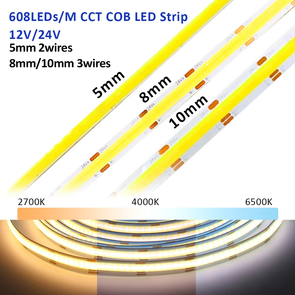 DC 12V 24V CCT COB LED Strip Light 5mm 8mm 10mm 608 LEDs/m 2700K to 6500K LED Tape Linear Double Color RA90 Dimmable Ribbon Lamp