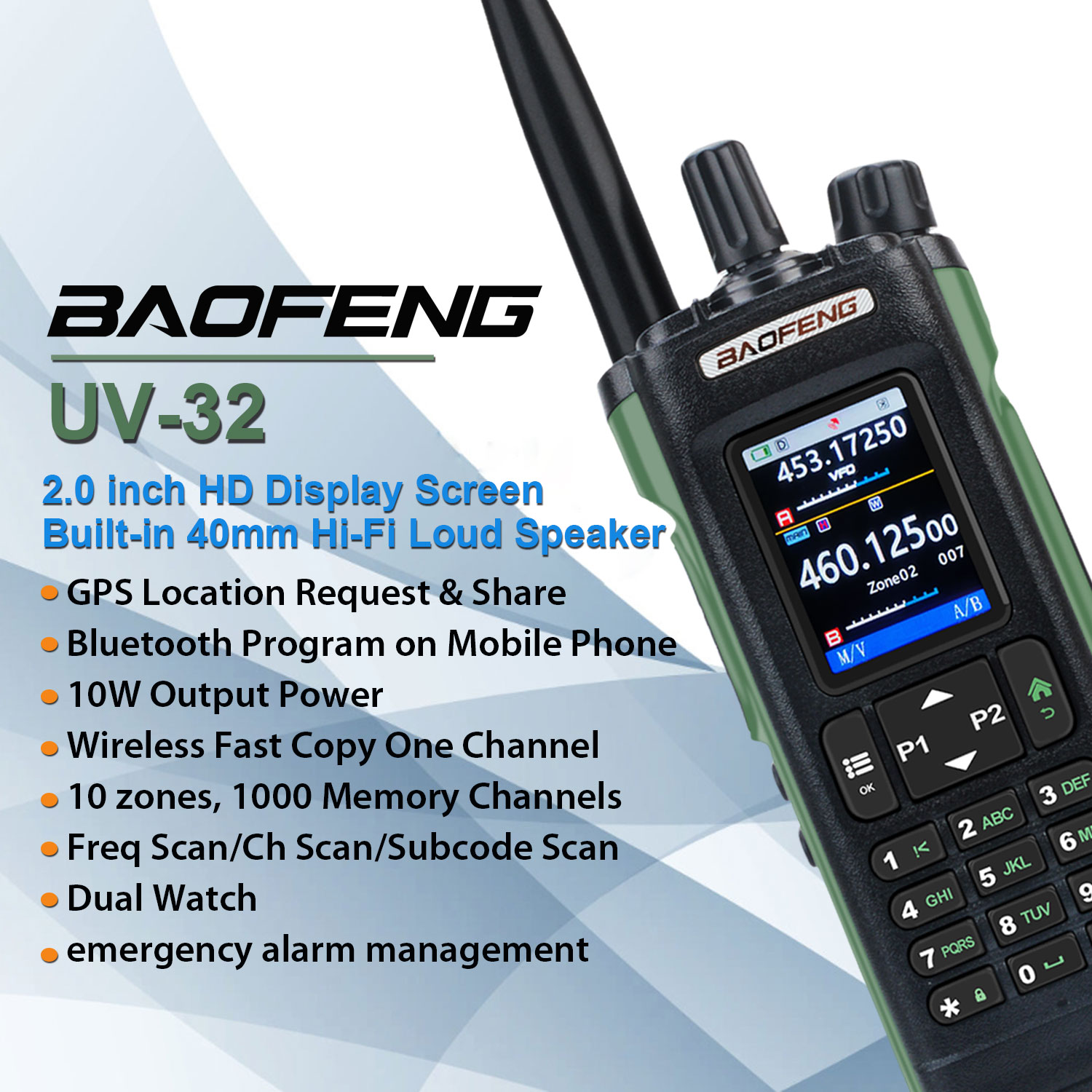 Walkie Talkie Baofeng UV-32 Air Band 10W GPS Amateur FM Radio bidireccional con pantalla HD de 2,0 "y batería de carga USB-C de 2200mah