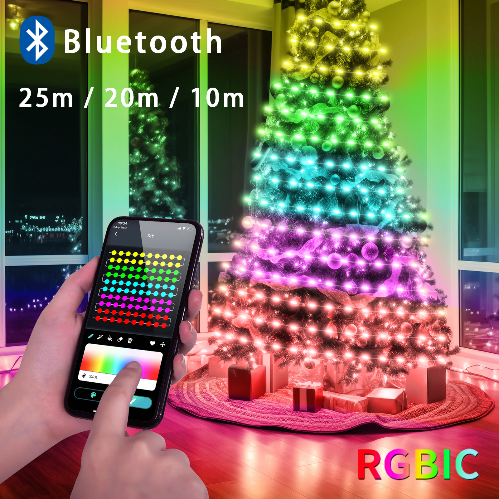 Guirlande lumineuse féerique USB RGBIC 5V, 25/20/10M, avec application Bluetooth et télécommande, pour décoration d'arbre de noël