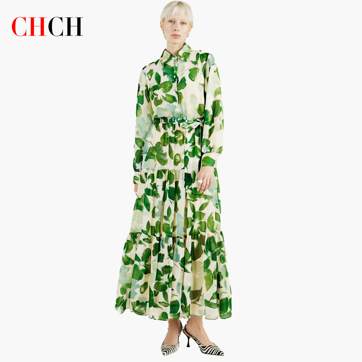 CHCH Vestido de mujer 2025 Primavera Nuevo cuello de manga larga Flor verde Vacaciones