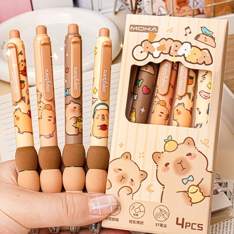 4 Stuks Leuke Cartoon Capybara Intrekbare Uitwisbare Gel Pennen Gradiënt Grip 0.5 Mm St Penpunten Blauwe Inkt Hervulbare Schrijven levert