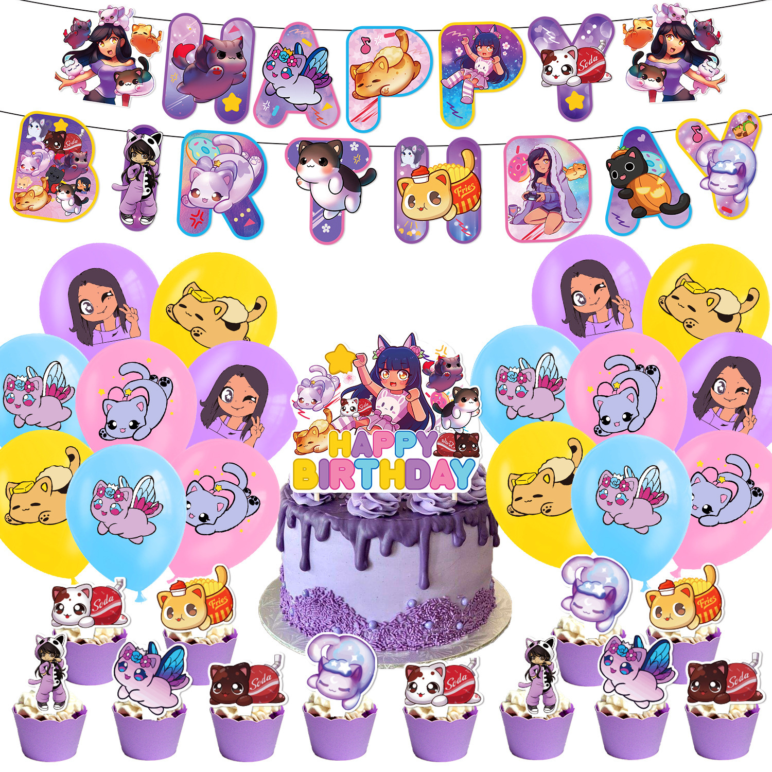 Aphmau-vajilla desechable de la serie Plushies para fiesta de cumpleaños, Pancarta, adorno de pastel, bandera colgante, lindo globo de gato, Decoración de cumpleaños