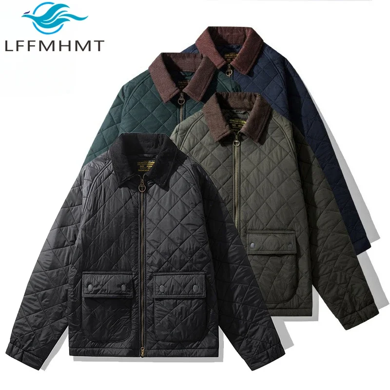 4702 Abrigo cálido de marca de moda para hombres, chaqueta a cuadros de manga larga con múltiples bolsillos y cremallera, Parker acolchado de algodón Retro