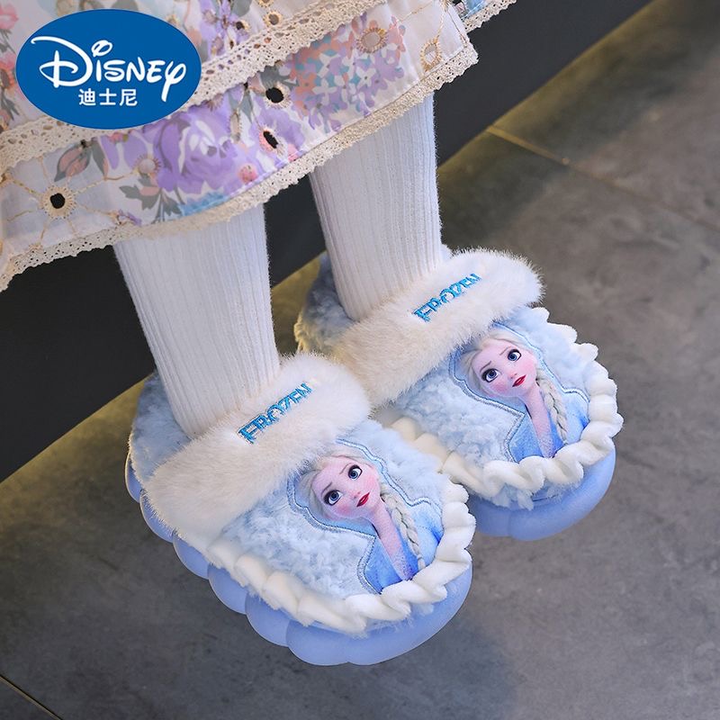 Disney princesa elsa inverno crianças algodão casa chinelos congelados menina neve antiderrapante quente chinelos de bebê rosa azul tamanho 24-36