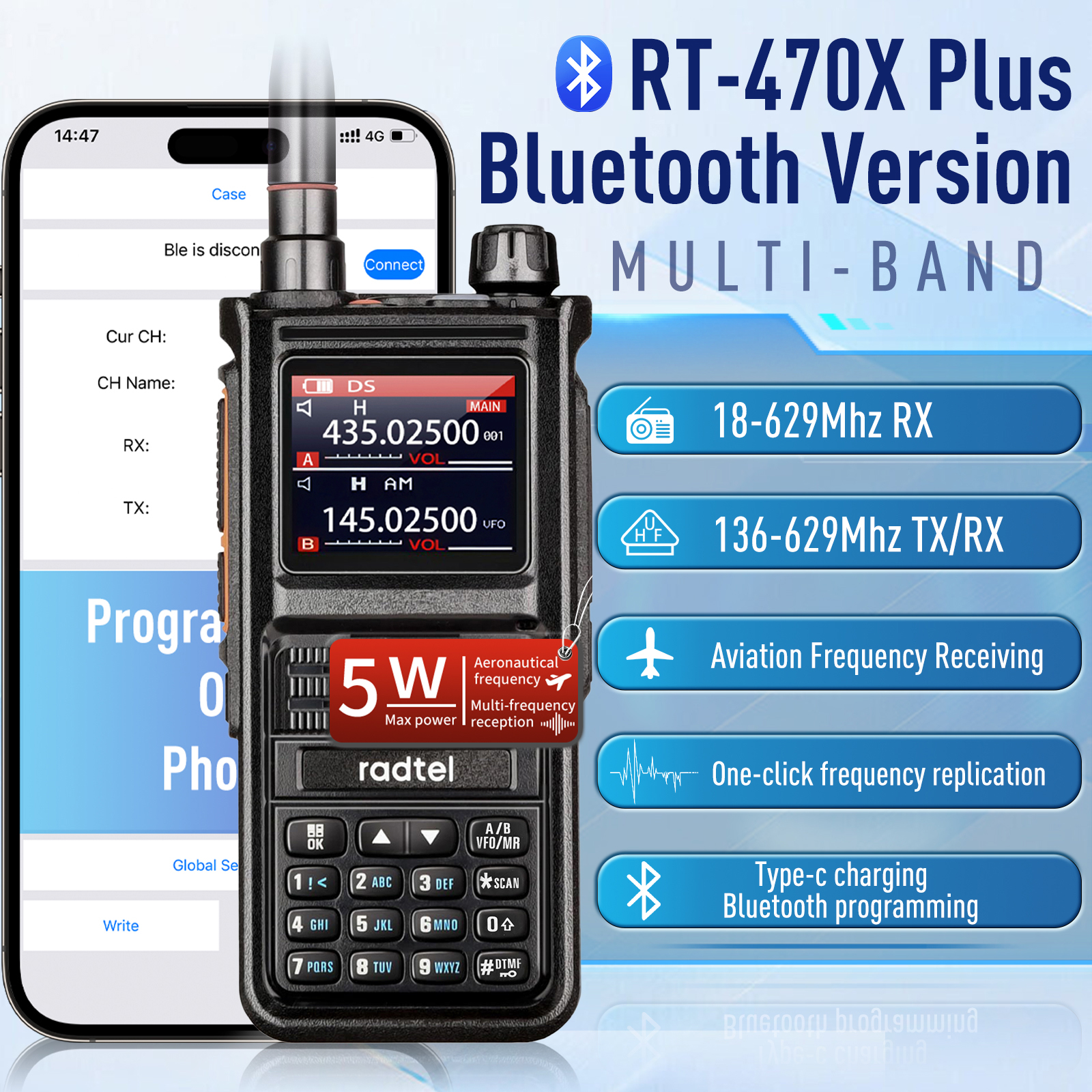 Radtel RT-470X plus bluetooth presunto walkie-talkies 256ch banda de ar estação de rádio em dois sentidos aviação noaa polícia transceptor marinho