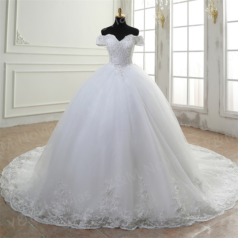 Y & m novias neuer Boden oder Zug Stil schulter freie Stickerei charmant Schatz weiß Brautkleid maßge schneiderte Größe Ballkleid