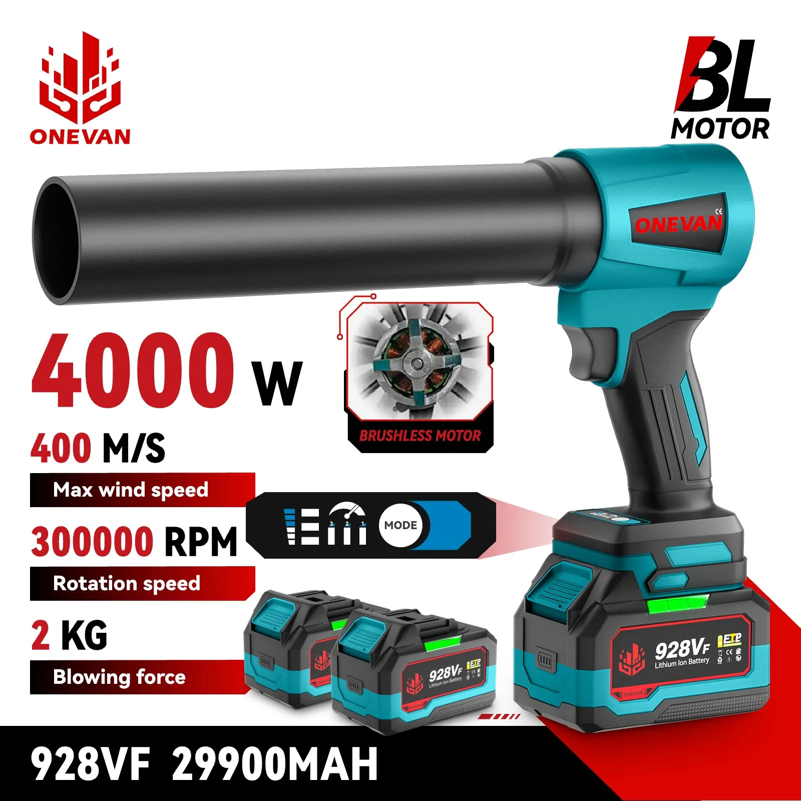 ONEVAN 300000RPM 브러시리스 전기 터보 송풍기 제트 팬 400M/S 송풍기 먼지 부는 도구 Makita 18V 배터리 핀
