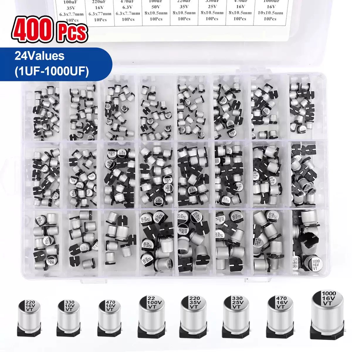 Zestaw 400 szt. kondensatorów elektrolitycznych SMD z aluminium, 24 wartości, od 1uF do 1000uF, do montażu powierzchniowego, zestaw kondensatorów w pudełku.