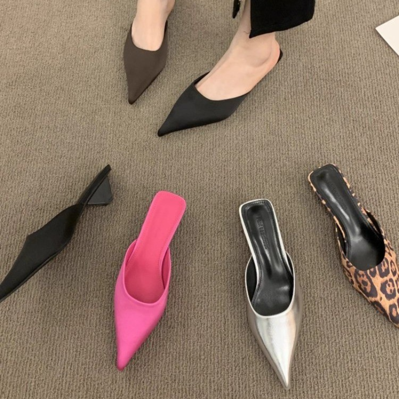 Sandal Mules wanita ujung lancip mewah, Sandal selop hak rendah kotak elegan modis warna permen untuk wanita