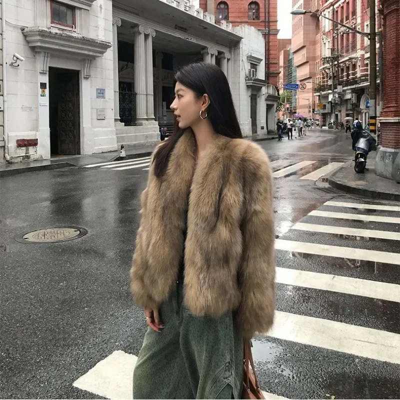 Winter Mantel Neue Koreanische Mode High-End-Fuchs Pelzmantel für Frauen Winter Kleidung V-ausschnitt Warme Braun Kurze Pelz Jacken Frauen Tops