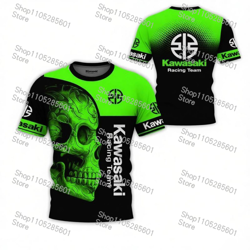 Kawasaki Racing Team Round Neck Short-sleeve T-shirt with Skull Print Casual Sports Top for Motorcycle Enthusiasts