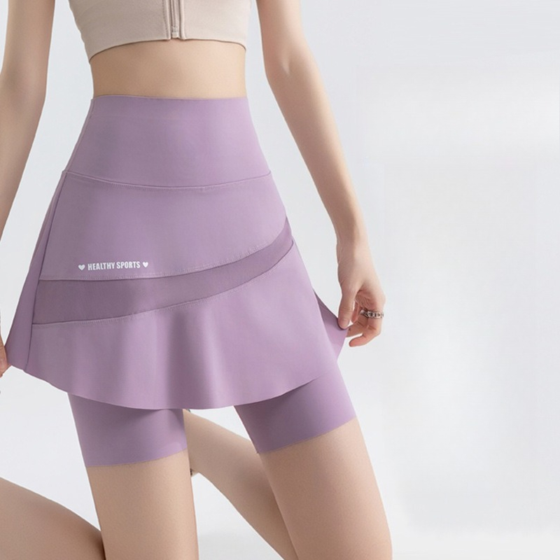 Gefälschte zwei kurze Rockhose mit Sommertaschen, Schritt-Halbrock für Frauen, hohe Taille, übergroße, schnell trocknende Sport-Yogahose