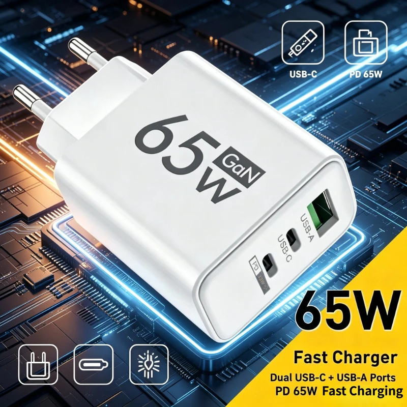 Cargador USB Tipo-C GaN de 65W con carga rápida, enchufe estadounidense y europeo, USB PD, carga rápida 3.0, adaptador de cargador de pared para viajes, para iPhone y Samsung