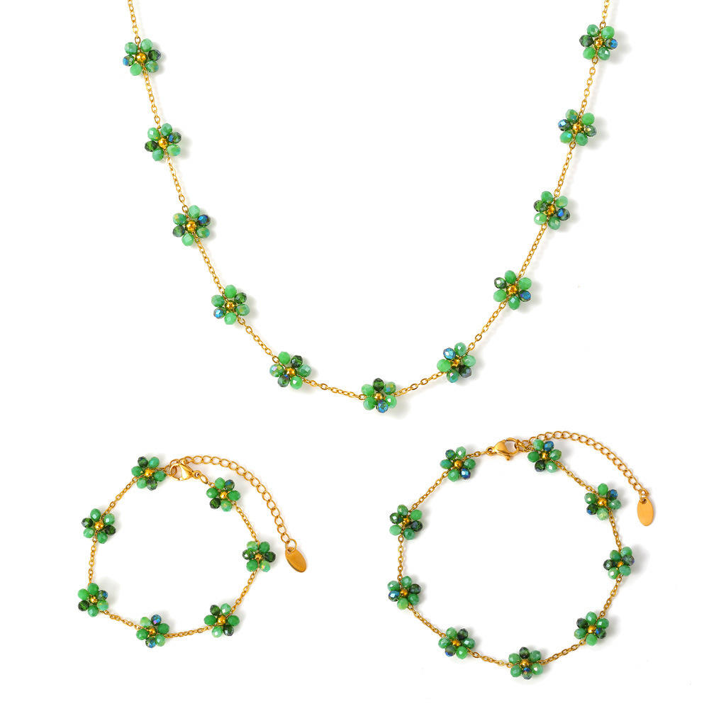 Buntes Glasstein-Perlen-Blumen-Anhänger-Halsketten-Armband-Fußkettchen-Set für Damen, Edelstahl, vergoldete Kette, Sommerschmuck
