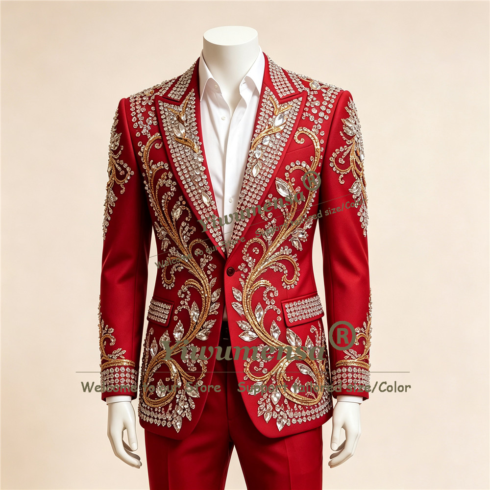 Trajes de Casamento Atraentes para Noivos, Conjunto de 2 Peças com Jaqueta e Calças com Aplicações de Diamantes Dourados, Terno Smoking para Negócios e Festas, Roupa Masculina