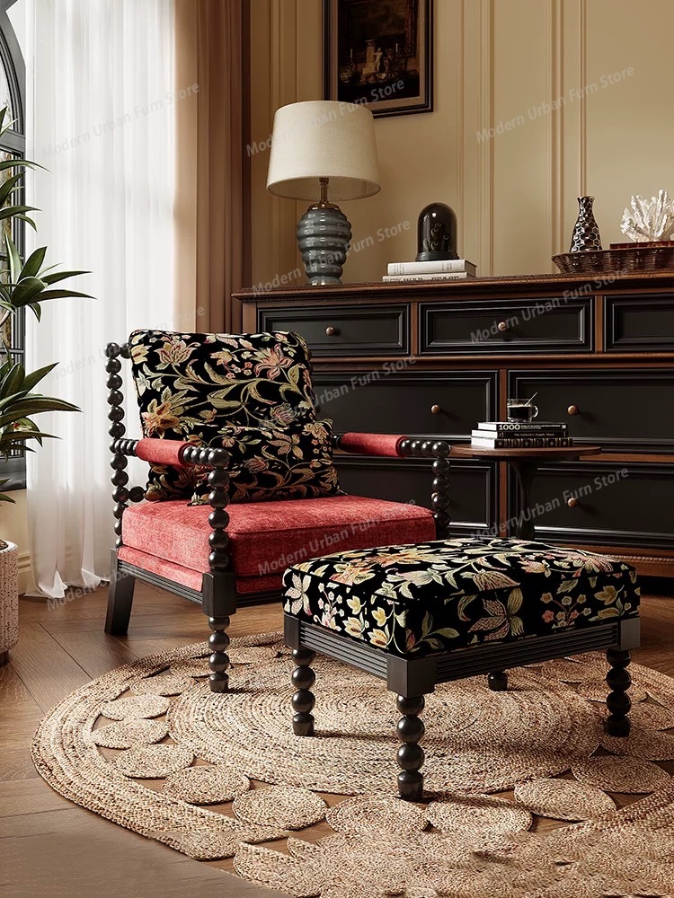 Franse Black Pearl stoel Vintage premium hotelstoel Massief houten eenpersoonsbank Woonkamer Loungestoel Tiger Chair