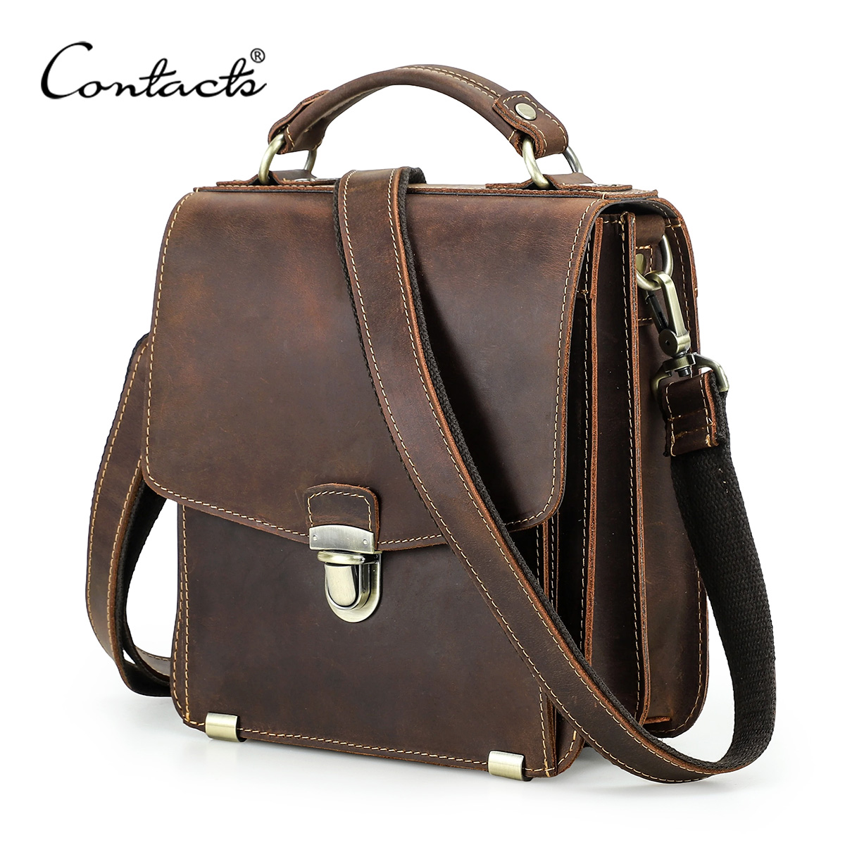 Bolsos de Hombro de Cuero Genuino CONTACT'S, Bolsos Tote de Cuero Crazy Horse, Bolsos Cruzados con Solapa para Hombre, Bolsos de Mensajero para Hombre