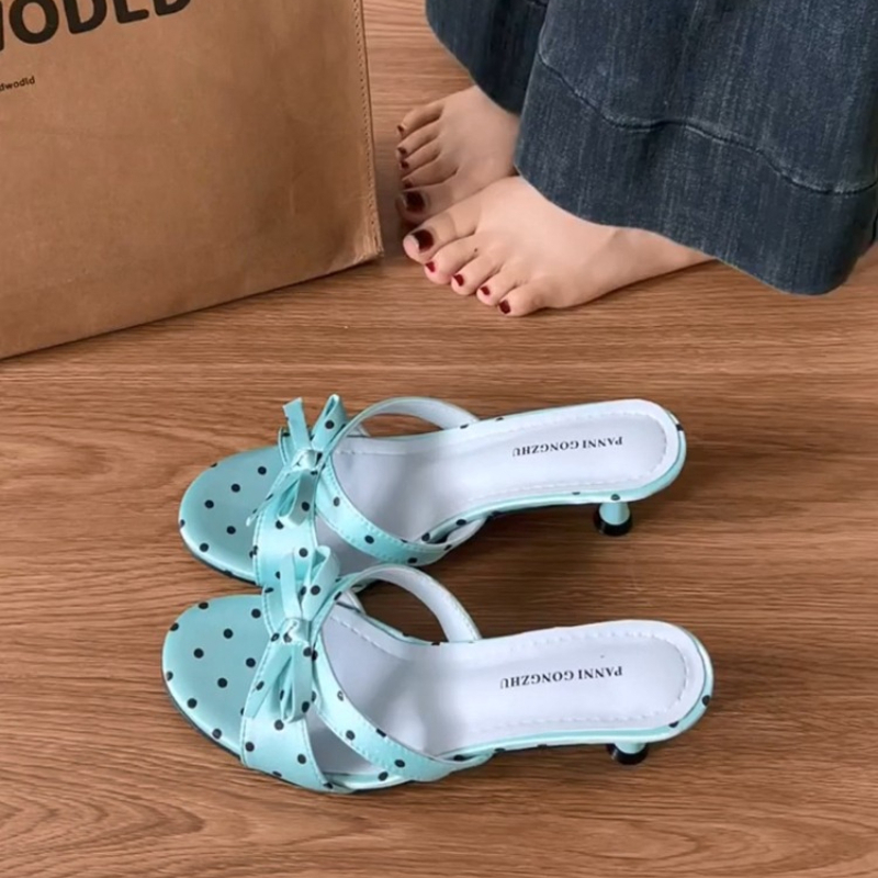 Street Style Satin Butterfly-knot Women Slippers Fashion Polka Dot Thick Heels Party Dress Slide Ladies Summer Polka Dot Shoes