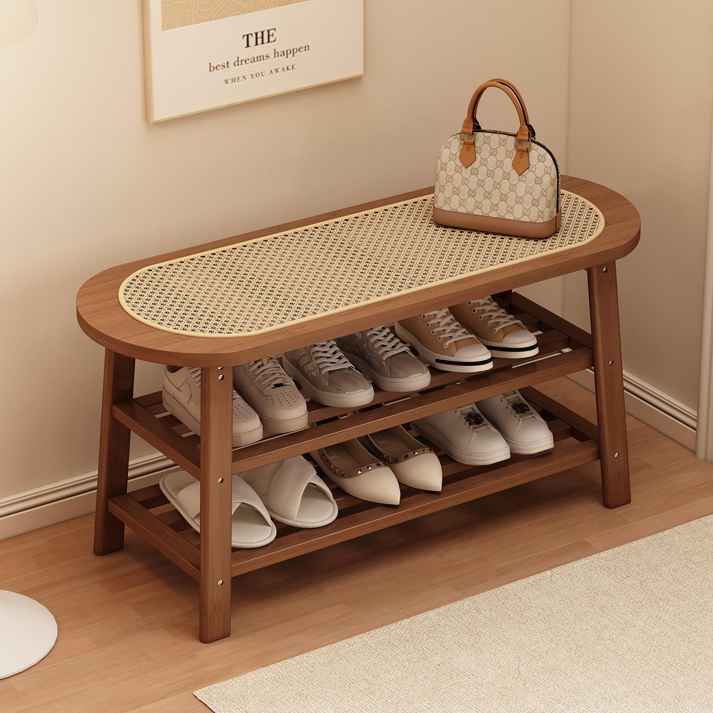 Solid Wood Entryway Shoe Bench with Rattan Multifunctional Storage Stool Living Room Coat Hooks Modern Farmhouse Shoes Rack