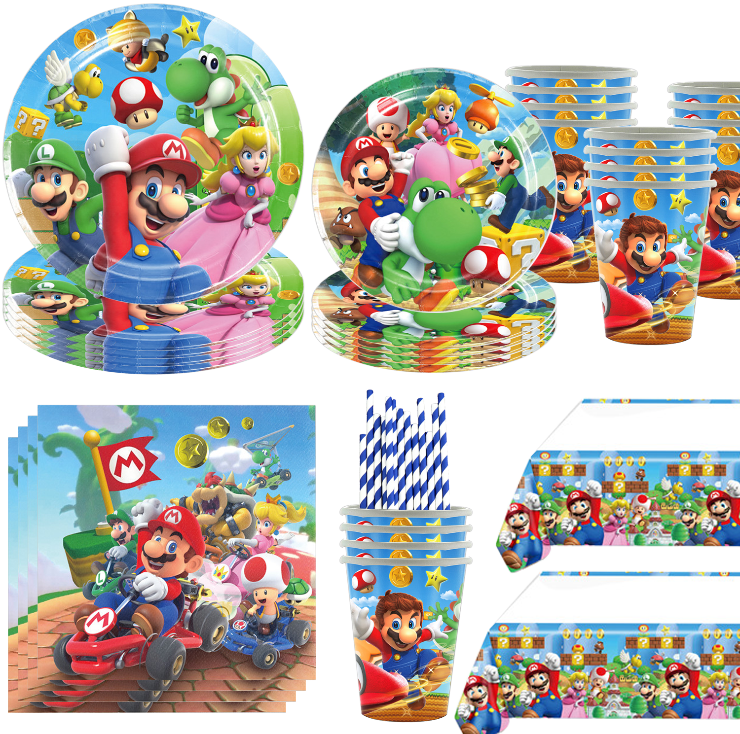 Juego de dibujos animados Super Bros decoraciones para fiesta de cumpleaños Marios vajilla desechable globos mantel tazas pancarta suministros para fiesta