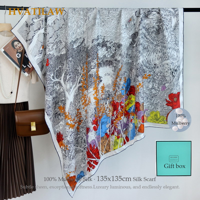 Syal Sutra Asli 100% 135X135Cm Selendang Persegi Besar Pashmina Pembungkus Sutra Mewah untuk Wanita Bandana Pashmina Ponco Kotak Hadiah Aksesori