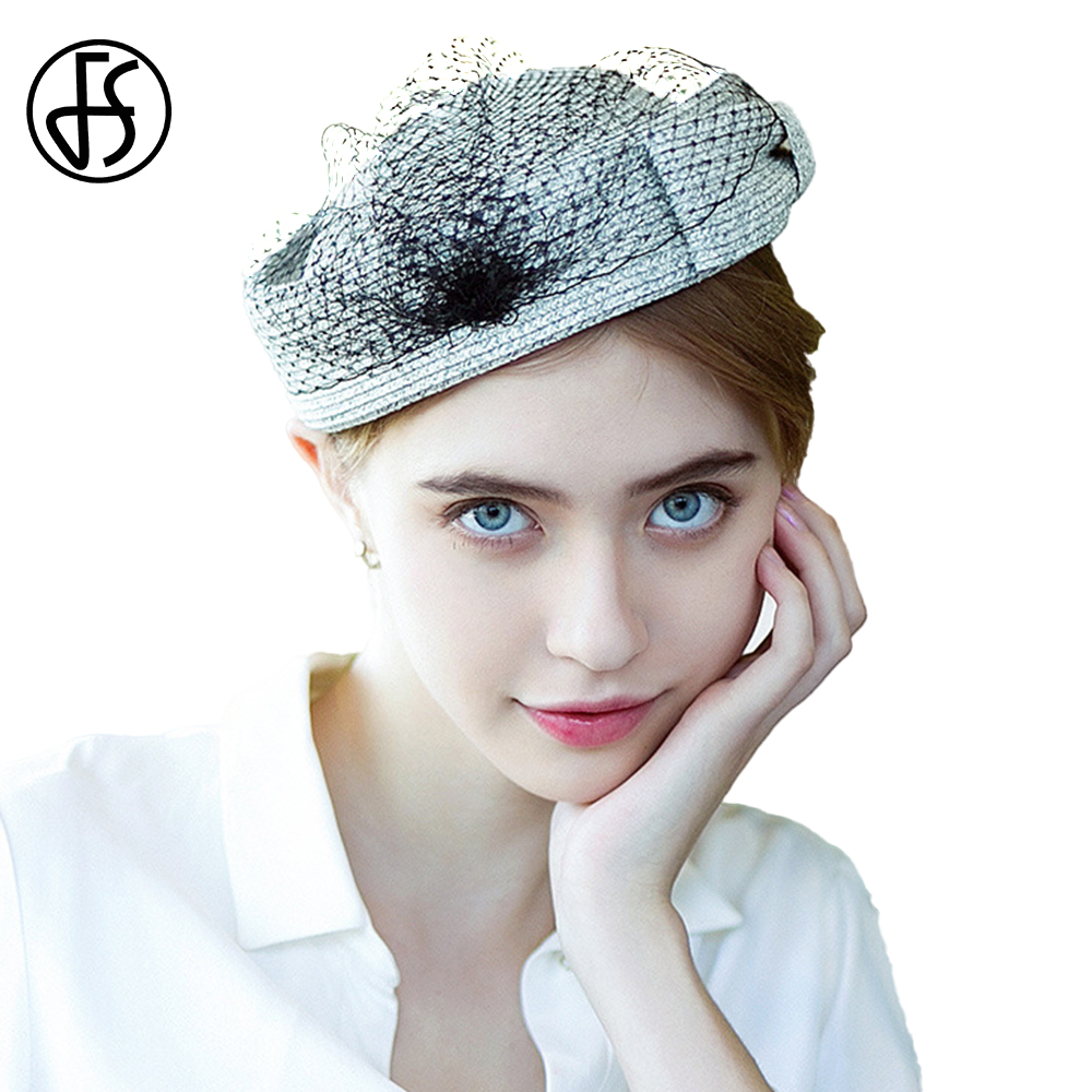 FS Fascinator Słomkowy Beret Szykowny Szary Kapelusz Dla Kobiet Z Welonem Na Zewnątrz Jasnozielona Płaska Czapka Koktajlowa Tea Party Camel Nakrycie Głowy