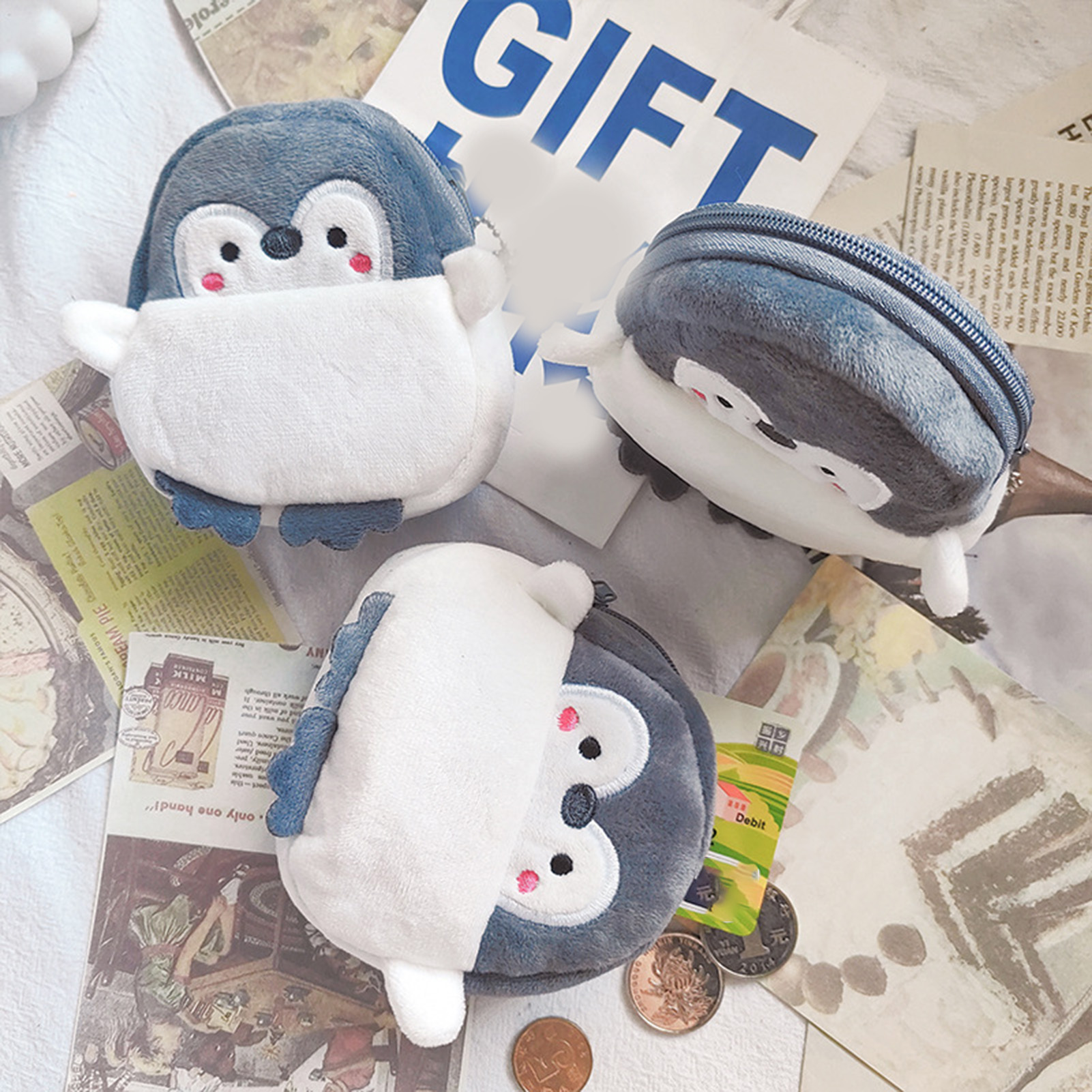 Monedero para mujer, mini bolsa, lindo pingüino de peluche, monedero con cremallera para llavero, lápices labiales, dinero